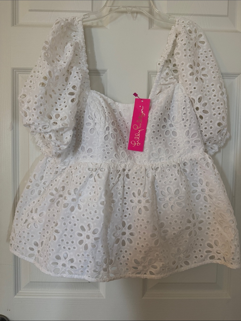 Lilly Pulitzer White Eyelet Puff Sleeve Peplum Top